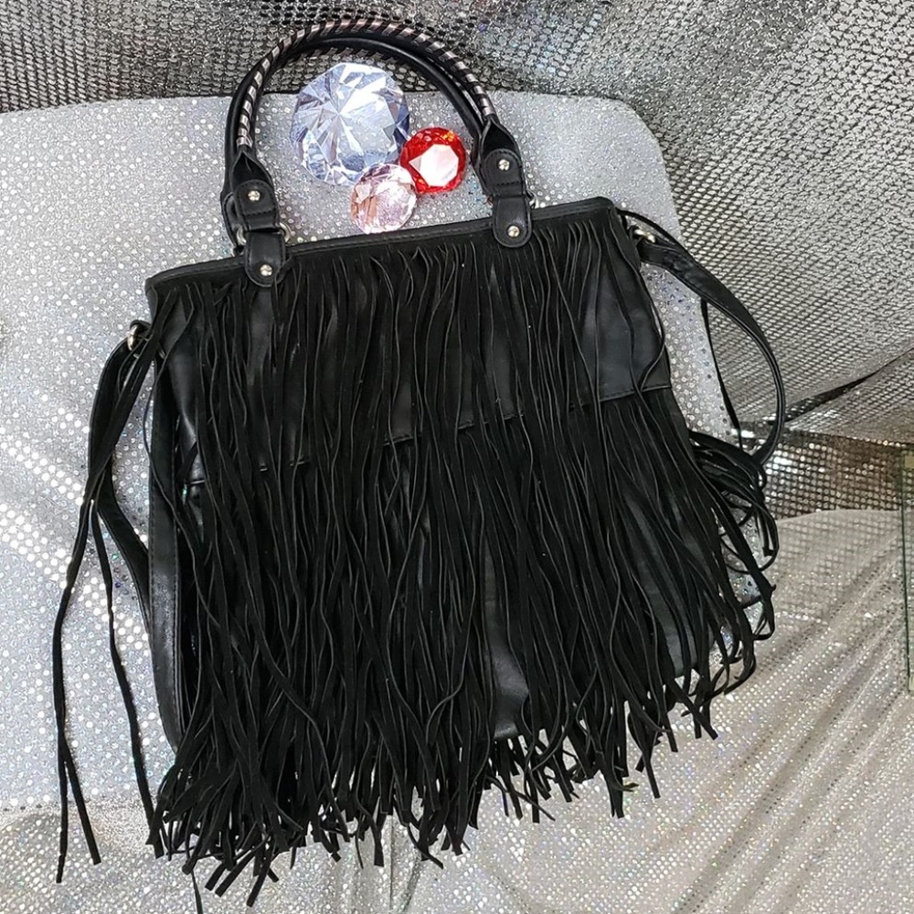 Black Faux Suede+Leather Fringe Hand/Shoulder Bag